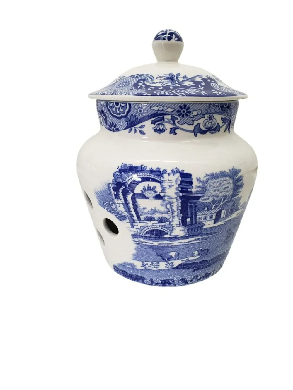 SPODE Garlic Jar Blue White Lidded Pot 6 1/2